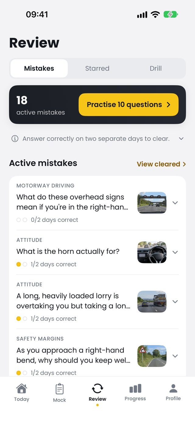 Review screen listing active mistakes, each with progress dots.