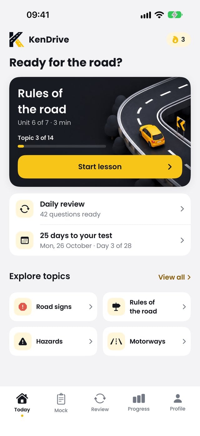 Today screen with the next lesson, daily review and test countdown.